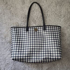 Large Tory Burch Kerrington Shopper Gingham Print Navy Blue White Tote Bag